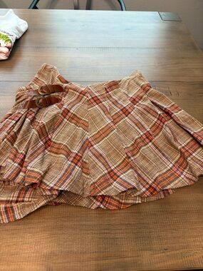 Free People Brown & Orange Plaid Skater Skirt with Buckle Detail
